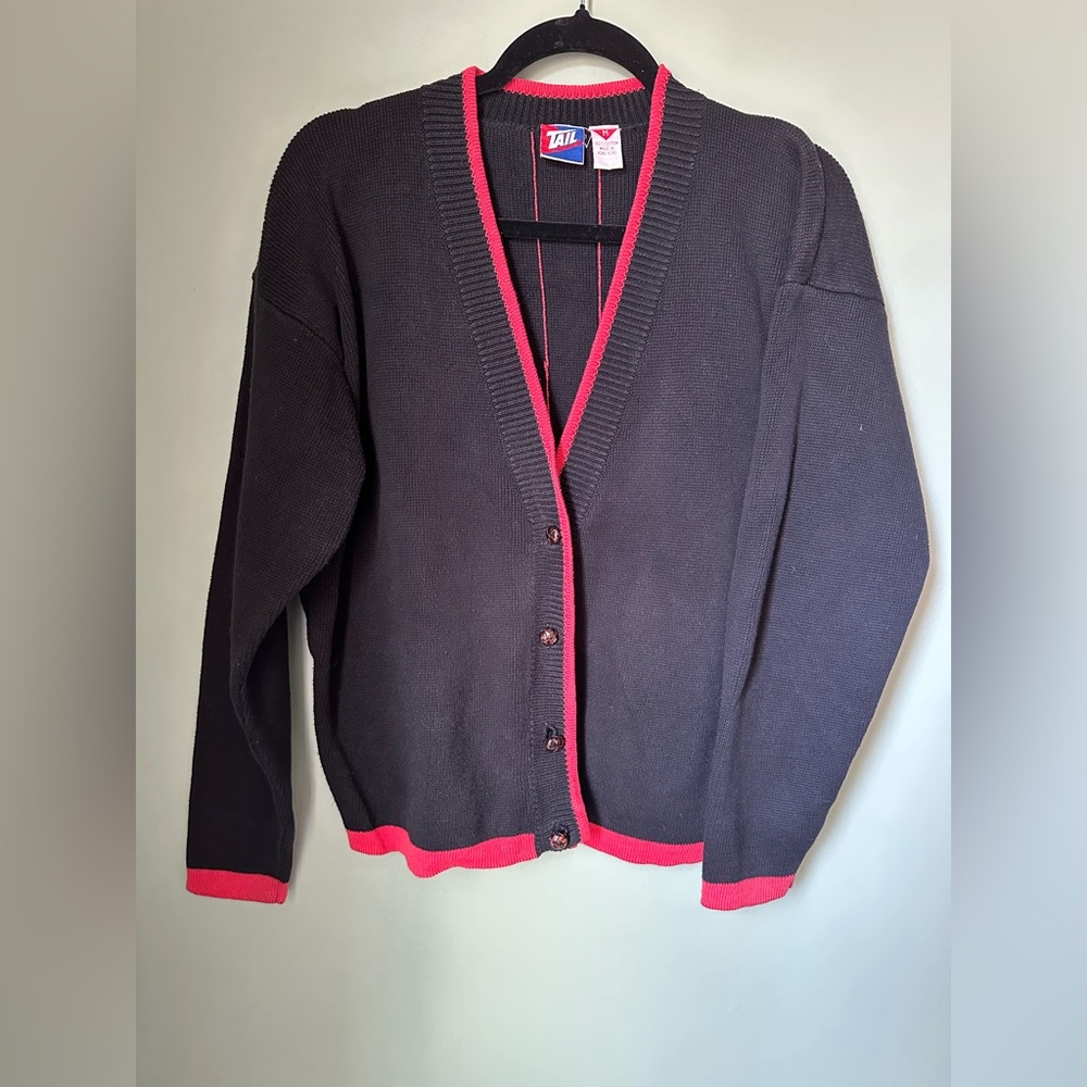 Tail Cardigan Sweater Zip-Up Women Sporty Black Stripe Size Medium Long Sleeve